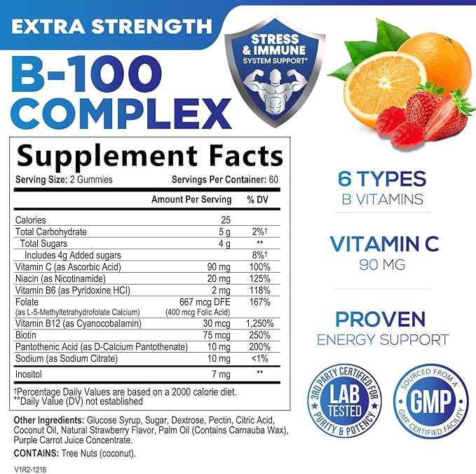 Super B Complex Gummy with Vitamin C & Folic Acid, Extra Strength Vitamin B Gummies Supplement with Niacin, B6, Folic Acid, B12, Biotin, Nature's Energy Immune Support Supplements - 120 Gummies