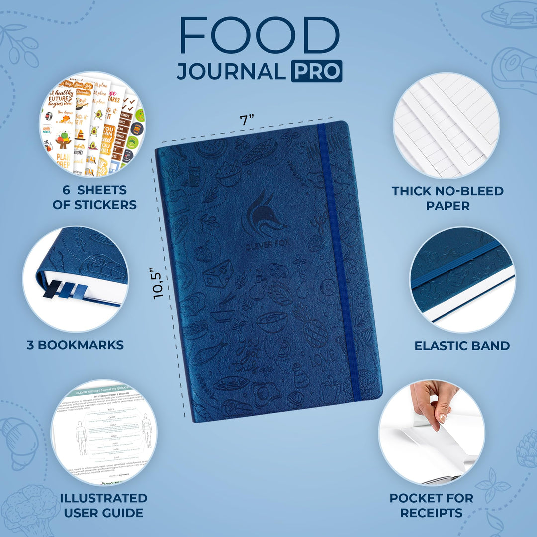 Clever Fox Food Journal Pro – Diet & Wellness Planner for Women & Men – Weight Loss Diary with Calorie Tracker – Food Log for Tracking Meals, Exercise & Weightloss - Undated, 7" x 10" Mystic Blue