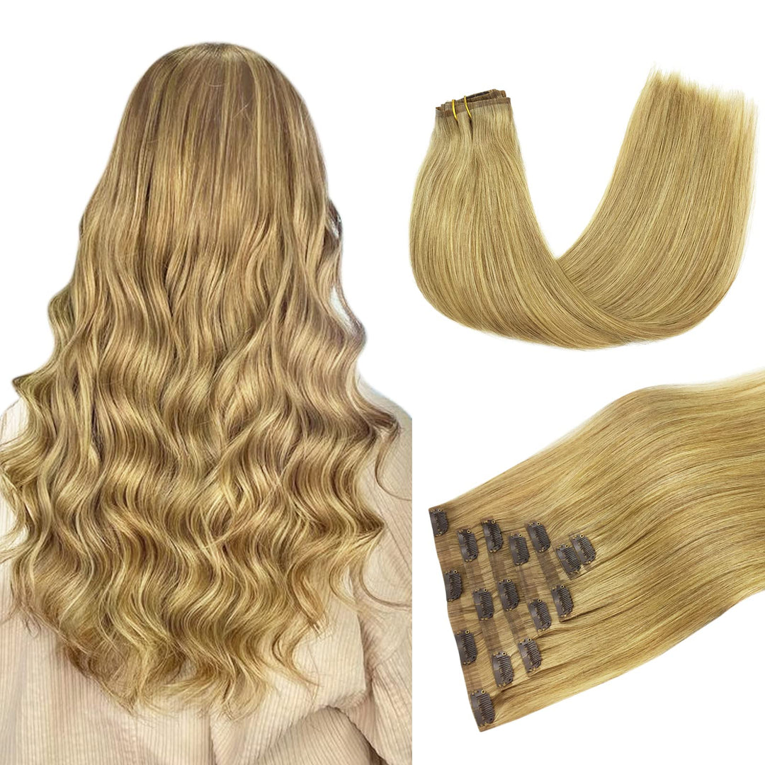Doores Clip In Hair Extensions, Dirty Blonde 14 Inch 110G 7Pcs, Human Hair Extensions Clip In Real Human Hair Seamless Clip Ins
