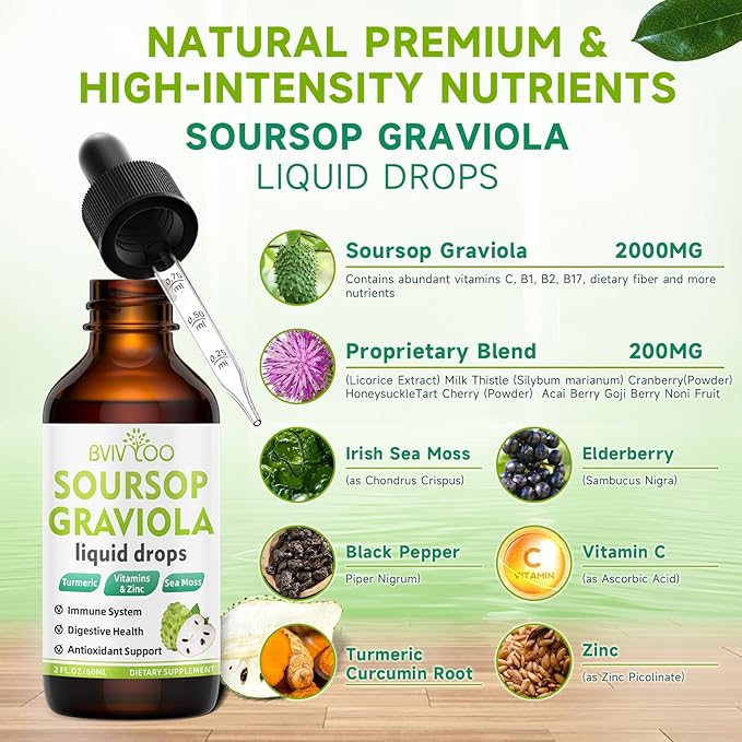 Soursop Graviola Liquid Drops - 2000mg Pure Soursop Extract Blended with 300mg Sea Moss & 100mg Elderberry - Powerful Cell Support, Antioxidant-Rich, Immune-Boosting - 2 Fl Oz (60ml) Bottle