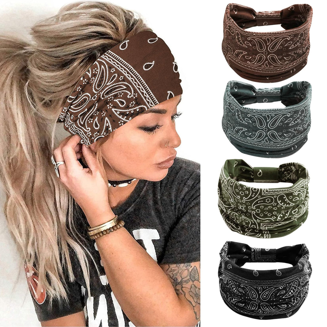 Huachi 4 Packs Thick Boho Stylish Floral Turban Wide Headbands For Women - Non Slip Hairbands For Hair, Sport, Workout, Yoga, Ha