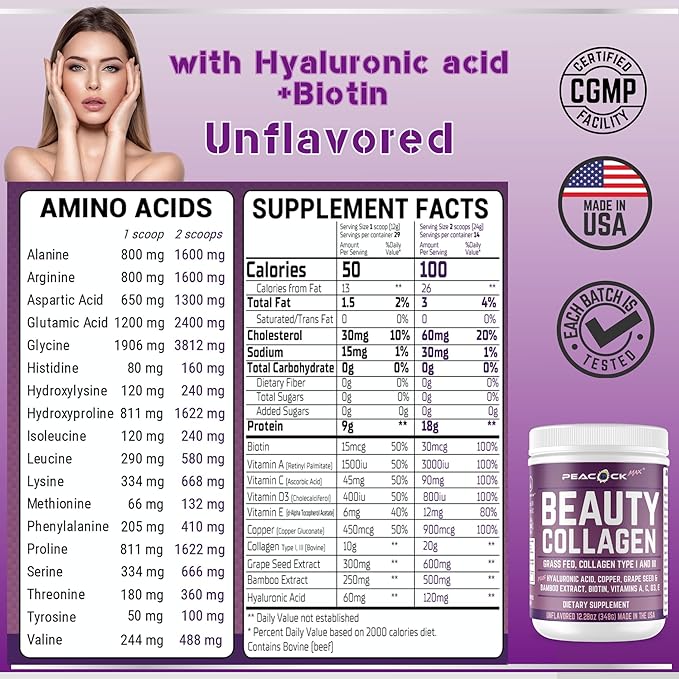 Beauty Collagen Peptides Grape Seed Extract Biotin Pasture Raised Bovine Bamboo Extract Vitamin A C D3 E Copper (24.54 oz (Pack of 2))