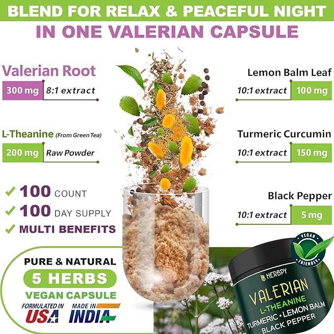 5in1 Valerian Root Capsules Plus L-Theanine, Lemon Balm, Turmeric and Black Pepper for Relaxation, Restful Night, Digestion & Immune Support - 100 Count
