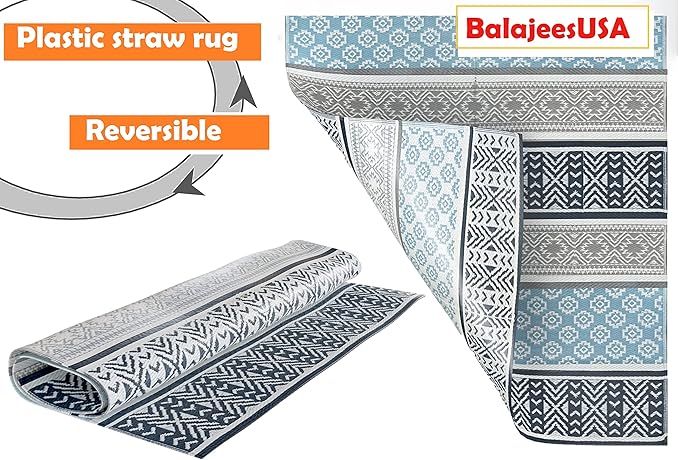 BalajeesUSA Outdoor Plastic Patio Rugs – 5x7, Grey, Teal Multipurpose Reversible mats Woven Plastic Straw All-Weather and Waterproof Rug Camper Mats Outdoor