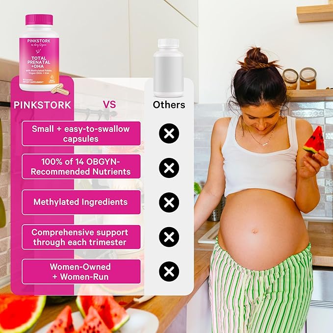 Pink Stork Total Prenatal Vitamins with DHA, Folate, Iron, Choline, and Vitamin B12 - Preconception Nutrition - Prenatals for Women, Pregnancy Must Haves - Mint Essence, 60 Capsules, 1 Month Supply