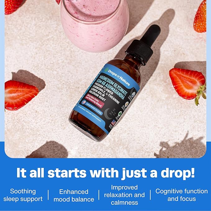 Magnesium Glycinate & Ashwagandha Liquid Drops with Valerian Root, Chamomile, Passion Flower, Lemon Balm & L-Theanine - Vegan Fast Absorption - Supplement for Wellness & Relaxation (Mixed Berry, 60mL)