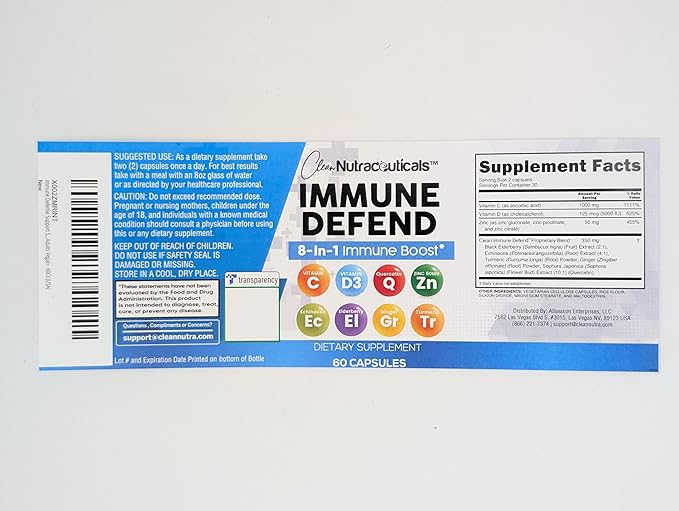 Clean Nutraceuticals Immune Defense Support Supplement 8 in 1 with Zinc 50mg Quercetin, VIT C 1000mg, Vitamin D3 5000 IU, Elderberry, Ginger - Immunity System Booster for Adults, Vegan - 60 Count