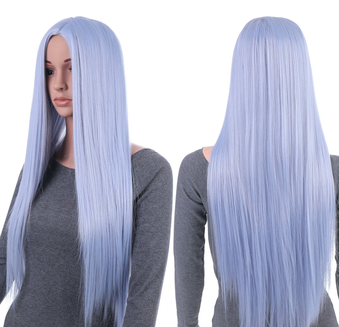 Onedor 31 Inches Silver Blue Straight Long Synthetic Hair Women Full Head Cosplay Wig With Wig Cap