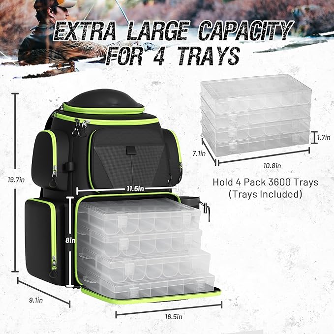 48L Large Fishing Tackle Backpack With Rod Holders, 4 Tackle Box, Protective Rain Cover - Water Resistant Storage Bag for Camping, Hiking, Hunting