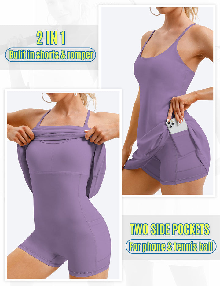 Womens Tennis Dress, Workout Dress with Built-in Bra & Shorts Pockets Summer Dress for Golf Athletic Dresses for Women Lavender