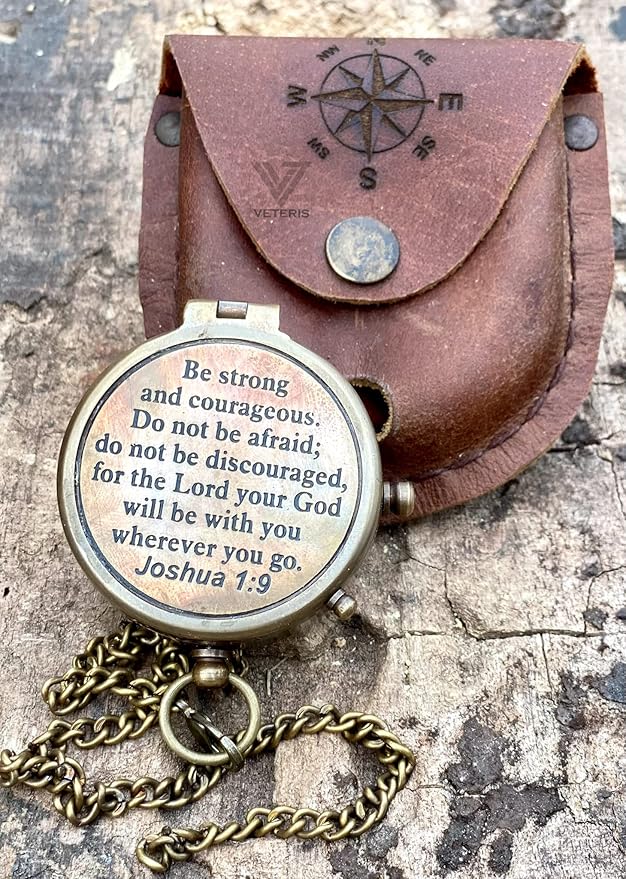 Be Strong & Courageous Brass Compass | Engraved Religious Joshua 1:9 Quote Birthday Gift, Baptism Confirmation Gifts idea for Boy Girl Men Women (Be Strong & Courageous)