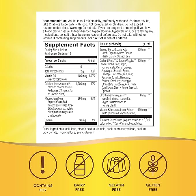 Nature's Way Alive! Calcium Max Absorption, Plant Source Calcium, Vitamin D3 & K2, Magnesium, Bone Support*, 60 Tablets (Packaging May Vary)
