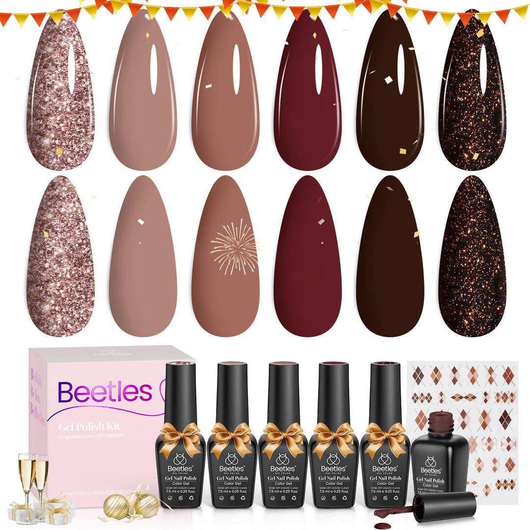 Beetles Gel Polish Set-6 Colors 7.5Ml Winter Nail Gel Kit Burgundy Academia Aesthetic Gold Glitter Dark Brown Red Black Sparkle