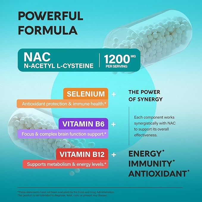 NAC Supplement | Selenium | B6 | B12 - Antioxidant, Immune Support - N Acetyl Cysteine 600 mg per Capsule, 1200 mg per Serving - Made in USA - Non-GMO, Gluten-Free, Vegan - 240 Caps, 4 Month Supply