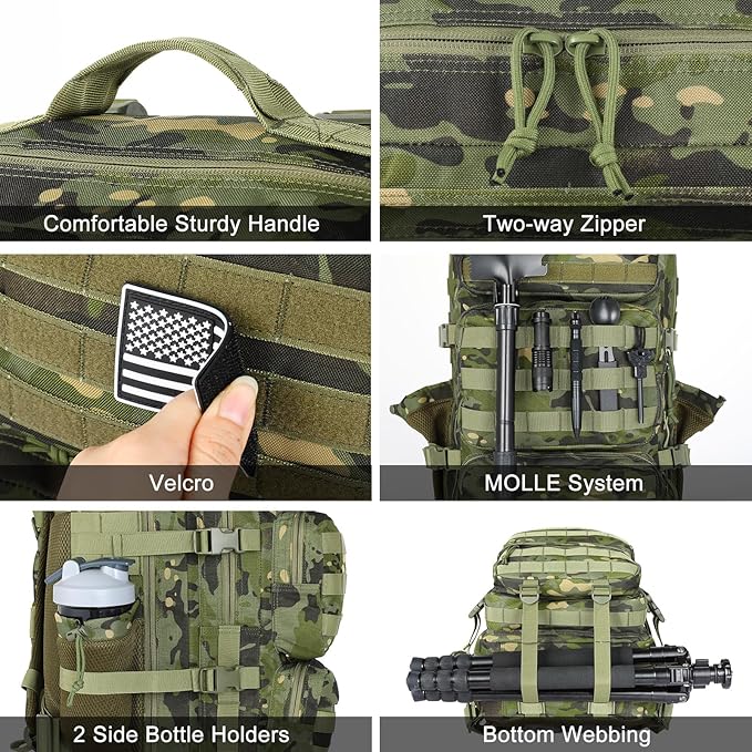 Military Tactical Backpack 50L Large Day Backpack for Men Molle Army 3 Days Assault Pack Bug Out Bag Water Resistant and Heavy Duty Hiking Treeking Rucksack - Woodland Camo