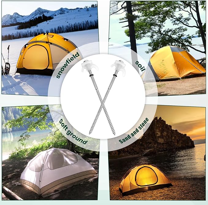 12 Pack 8-inch Heavy Duty Metal Tent Nails - Anchor Screws - Head That Will Glow at Night - Outdoor Camping - Metal Threaded Tent Nails and Hexagonal Head Drive and Storage Box (White)