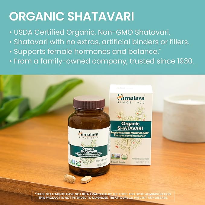 Himalaya Organic Shatavari for PMS, Menstrual Cramp Relief, Menopause Support, and Women's Health, 1,300 mg, 60 Caplets, 2 Month Supply, 2 Pack