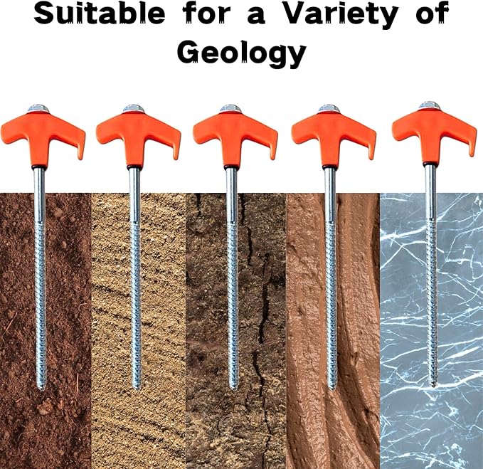 8" Screw in Tent Stakes - Ground Anchors Screw in, Screw in Tent Stakes Heavy Duty, Tent Pegs Camping Stakes, Metal Threaded Tent Spikes, Screw Tent Stakes with Hex Sleeves (12Pcs+Bag White)