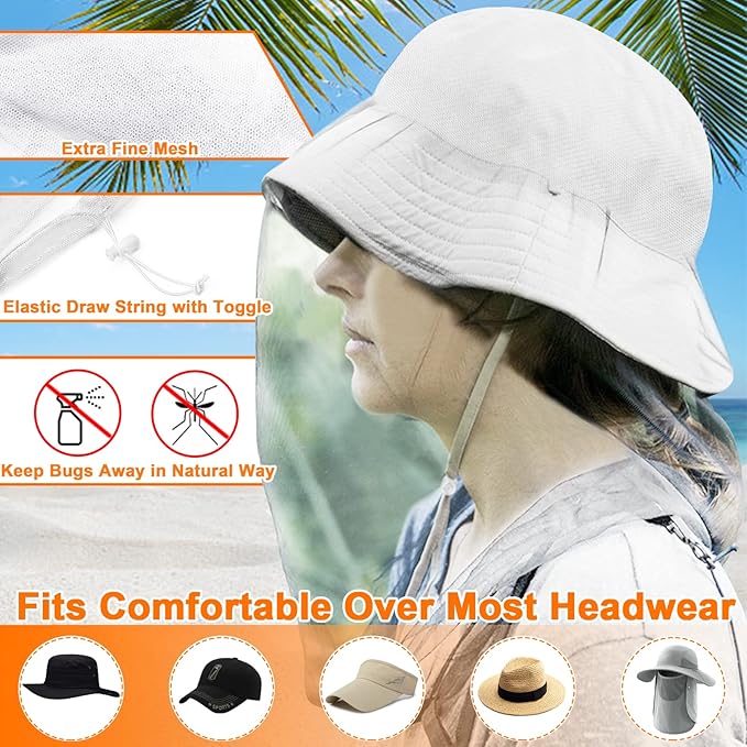Benvo Mosquito Head Net, Face Neck Fly Netting Hood from Bugs Gnats Noseeums Screen for Any Outdoor Lover - with Carry Bags Fits Most Sizes of Hats Caps (2pcs, White, Updated Big Mesh)