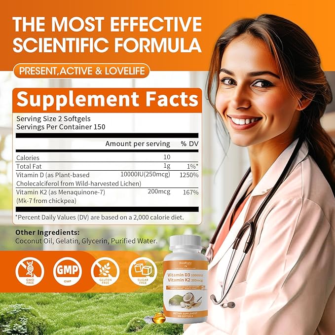 Vitamin D3 10,000 IU + K2 (MK-7) 200mcg w/Coconut Oil Softgels | 300-Count 2-in-1 Vegan vitamina d3 con k2 for Bone Health & Immune Support |Enhanced Absorption, Non-GMO, Easy to Swallow