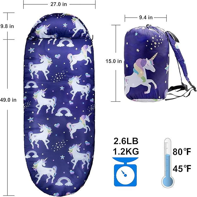 Kids Sleeping Bags for Girls – Unicorn Rainbow Star – Rioyalo YOLO 45 Camping Sleeping Bags for Kids with Carry Bag - Outdoor and Indoor (Unicorn-PL)