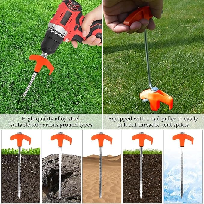 4PCS 8" Screw in Tent Stakes, Tent Stakes Heavy Duty, Ground Anchors Screw in with 1 Hex Head Driver, Metal Threaded Tent Spikes, Tent Pegs Camping Stakes for Outdoor Camping Garden Inflatable