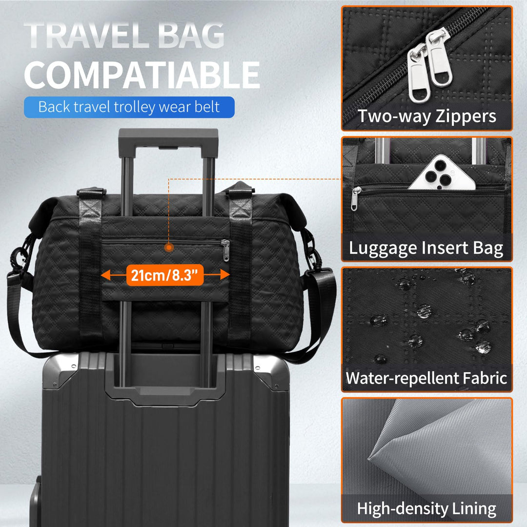 FIORETTO Women's Water-Resistant Travel Gym Duffle Bag with Detachable Strap, Multi-Functional, Ideal for Travel, Gym, Sports, Weekender, DUffel, with Toiletry Bag, Black