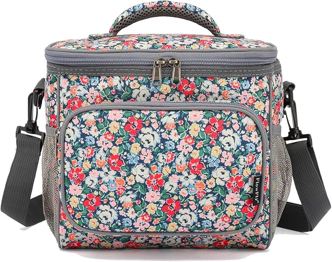 FlowFly Insulated Reusable Lunch Bag Adult Large Lunch Box for Women and Men with Adjustable Shoulder Strap,Front Zipper Pocket and Dual Large Mesh Side Pockets,Floral