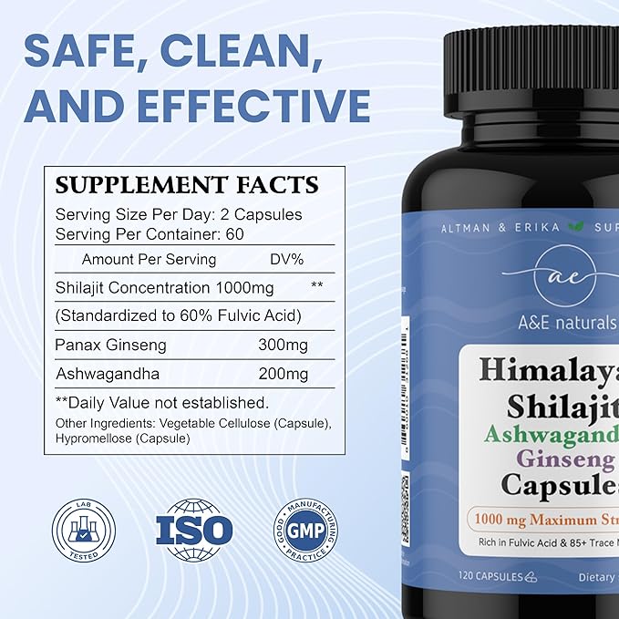 Altman & Erika A&E Naturals Pure Himalayan Shilajit Capsules Combo with Ginseng & Ashwagandha Maximum Potency and Organic Rich in Fulvic Acid & Over 85 Trace Minerals for Enhanced Energy -120 Count