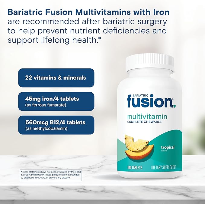 Bariatric Fusion Bariatric Multivitamin with Iron Complete Chewable | Tropical Flavor | Post Bariatric Vitamins for Gastric Bypass and Sleeve Gastrectomy | One Month Supply