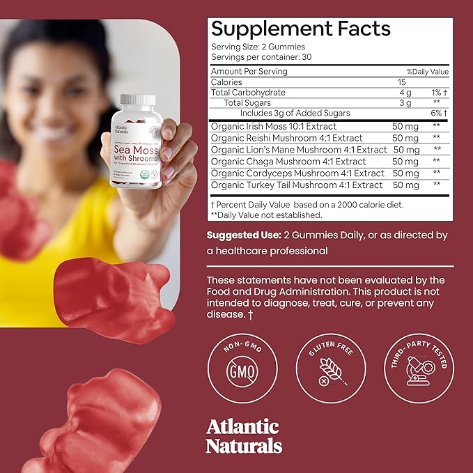 Atlantic Naturals Sea Moss with Shrooms - Mushroom Gummies Supplement - Organic Superfood with Irish Moss, Lion's Mane, Reishi, Cordyceps, Chaga & Turkey Tail - Focus, Energy, Immune Health - 60 ct