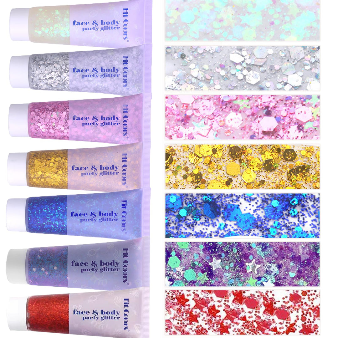 Face Body Glitter, Hair Glitter Sparkles Chunky Face Glitter Gel for Girls Makeup Singer Concerts Mermaid Festival Sequins Face Paint (White+Silver+Pink+Gold+Blue+Purple+Red)