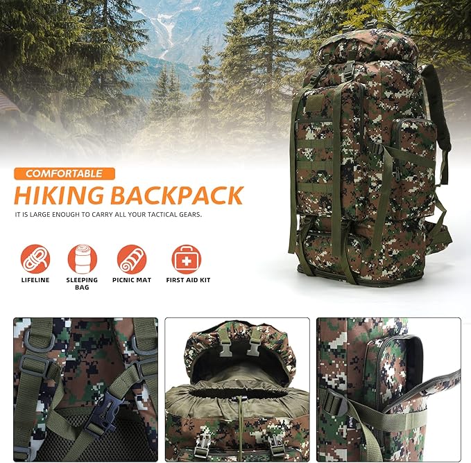 70L/100L Hiking Camping Backpack MOLLE Rucksack Waterproof Daypack for Traveling (Woodland Camo)