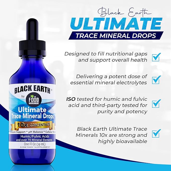 Black Earth Ultimate Trace Minerals 10x Strength, Fulvic Acid & Humic Acid, Non GMO Vegan Dropper, 1 Ounce - Ideal Supplement for Athletes