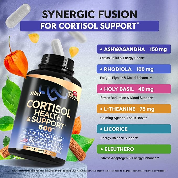 Cortisol Supplement for Women - Holy Basil | Ashwagandha | Rhodiola | L-Theanine - Plant-Based Hormone Balance - Mood, Focus & Sleep Support - Made in USA - Vegan, Non-GMO - 120 Capsules for 4 Months