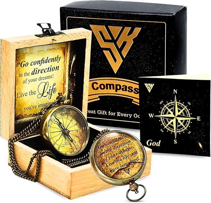 Antique Pocket Compass with Wooden Box for Gift on Birthday Compass Engraved with Inspirational Quotes, Brown Gift for Birthday Anniversary