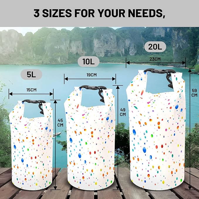 Waterproof Dry Bag,Roll Top Colorful Polka Dot Waterproof Backpack 5L/10L/20L Floating and Lightweight Bags for Kayaking, Boating, Fishing, Swimming and Camping with Waterproof Phone Case