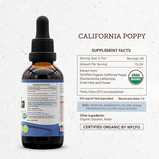 California Poppy USDA Organic Tincture | Alcohol-FREE Extract, High-Potency Herbal Drops | Made from 100% Certified Organic California Poppy (Eschscholzia Californica) Dried Herb and Flower (2 oz)