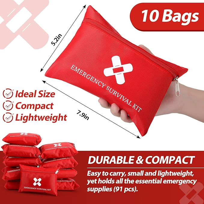 Geiserailie 10 Bags Small First Aid Kit Mini Travel Size Emergency Kit Bulk Self Care Package Supplies for Homeless Travel Sports Hiking Outdoor Backpack Essentials,10 Individual Bags of 91 Items Each