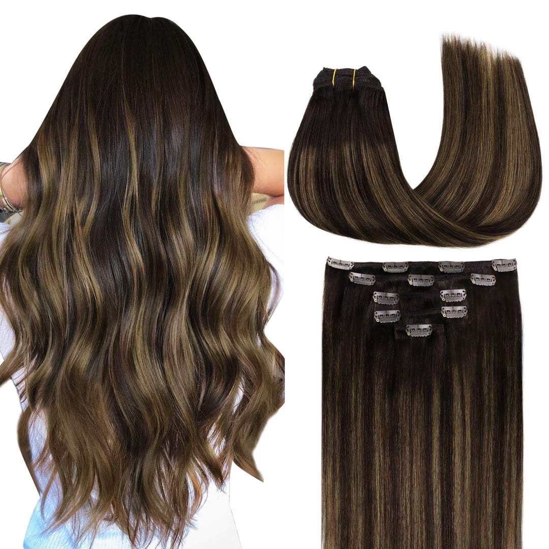 Maxita Clip In Hair Extensions Real Human Hair, 80G 5Pcs Balayage Dark Brown Mixed Chestnut Brown 18 Inch, Remy Human Hair Exten