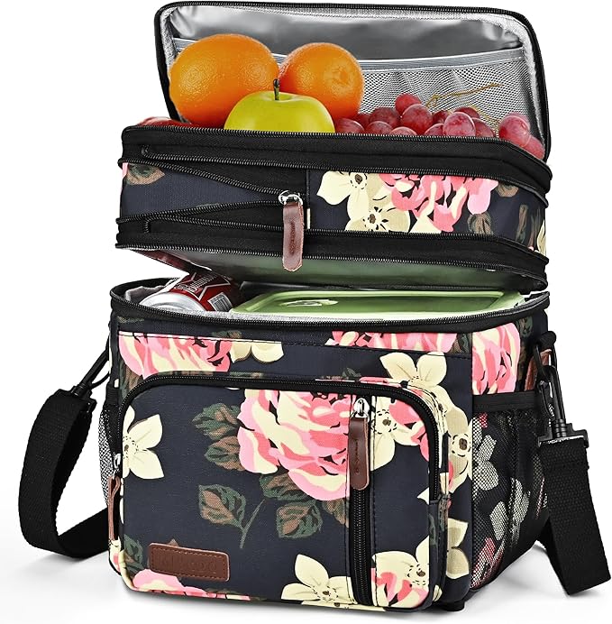 MIYCOO Insulated Lunch Bags for Women Men Large Lunch Box Leakproof Double Deck Soft Cooler Tote Bag (Flower, 15L)