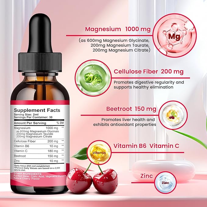 2 Pack Magnesium Glycinate Liquid Drops, 1000mg of Magnesium Glycinate, Taurate & Citrate Liquid Drops for Bone, Sleep, Calm, Muscle, Energy & Relaxation, High Absorption, Sugar-Free Cherry Flavor
