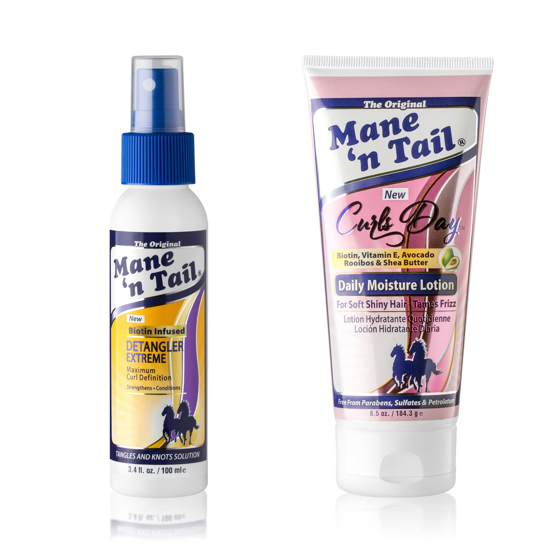 Mane 'n Tail Extreme Detangler (3.4 Oz) + Curls Day Daily Lotion (6.5 Oz) – Biotin Infused Curl Defining, Tangle-Free, Strengthening Formula