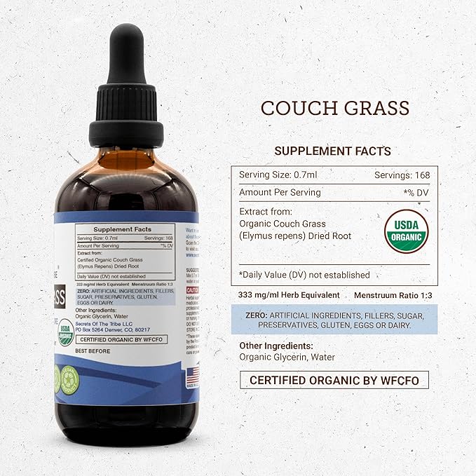 Secrets of the Tribe Couch Grass USDA Organic | Alcohol-Free Extract, High-Potency Herbal Drops | Made from 100% Certified Organic Couch Grass (Elymus repens) Dried Root (4 oz)