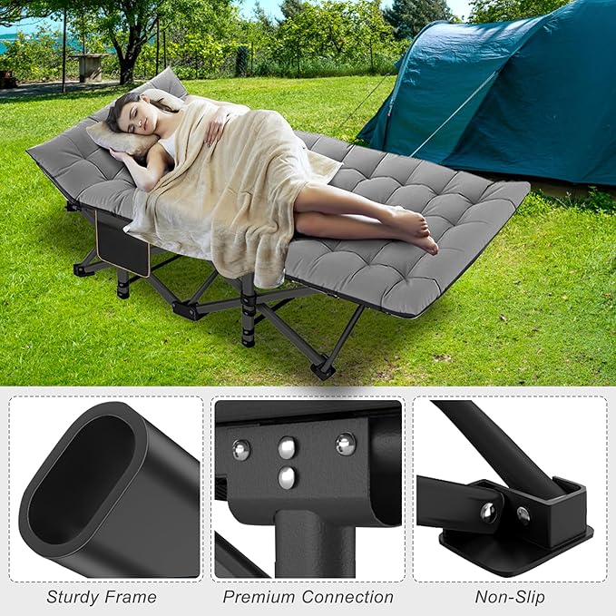 ABORON Folding Camping Cot W/Mat for Adults, Heavy Duty Outdoor Bed with Carry Bag,1200 D Layer Oxford Travel Camp Cots