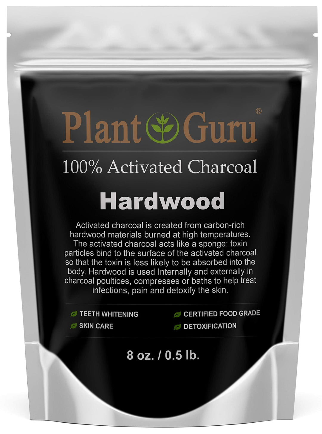Plant Guru Activated Charcoal Powder 8 oz. HARDWOOD - Food Grade Kosher Non-GMO - Teeth Whitening, Facial Mask and Soap Making. Promotes Natural Detoxification and Helps Digestion