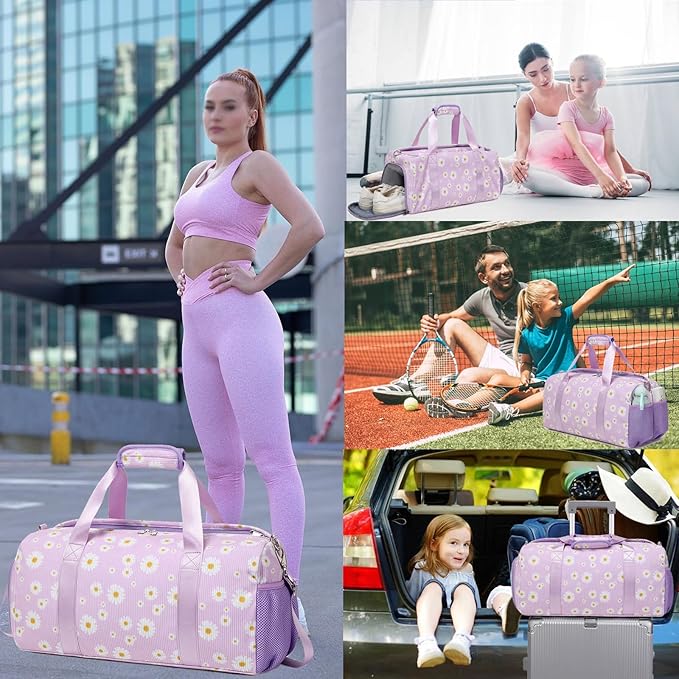 Dance Bag Ballet Bag for Girls Teen Travel Duffel Bags Sports Gym Bag Yoga Bags Cheer Bag Girls Weekender Bag Corduroy Daisy Dance Bag with Shoe Compartments（purple daisy）