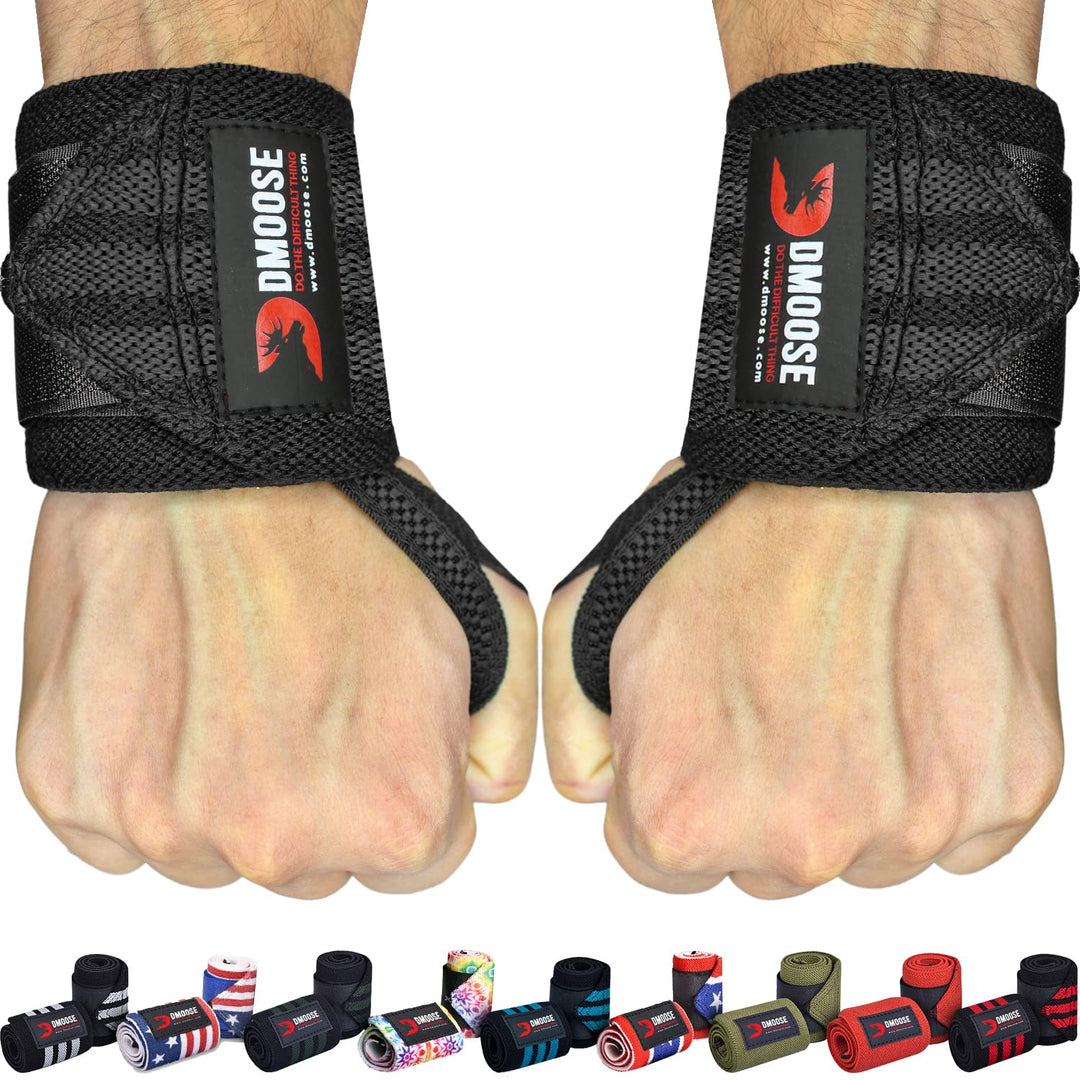 DMoose Wrist Wraps Weightlifting Men 12 and 18 Inches Thumb Loops with Wrist Support for Workouts Powerlifting Wrist Straps for Weight Lifting Men and Women Black Stripes