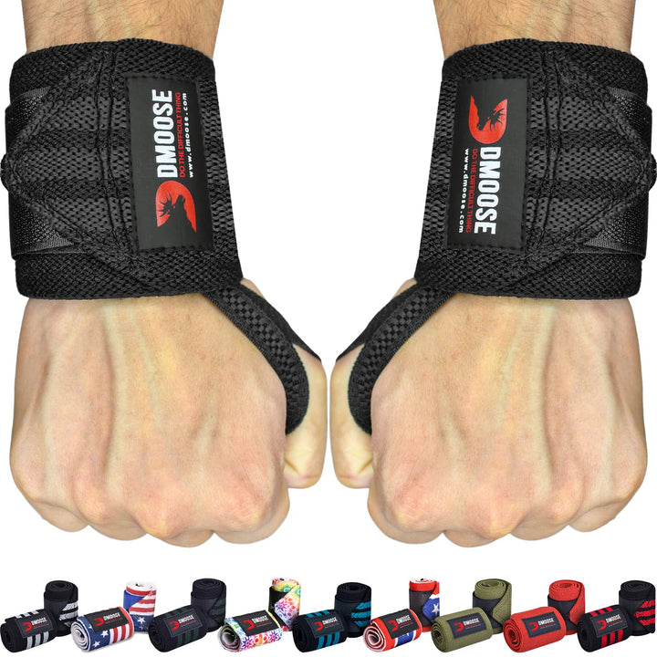 DMoose Wrist Wraps Weightlifting Men 12 and 18 Inches Thumb Loops with Wrist Support for Workouts Powerlifting Wrist Straps for Weight Lifting Men and Women Black Stripes
