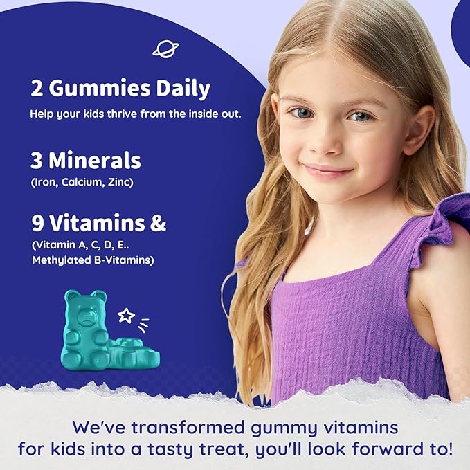 with Calcium, Zinc, Kids Multivitamin with Iron Gummies - Immune Support, Blood Builder & Energy Support for Iron Deficiency, Anemia, Vegan - 60 Gummies Blueberry Flavor